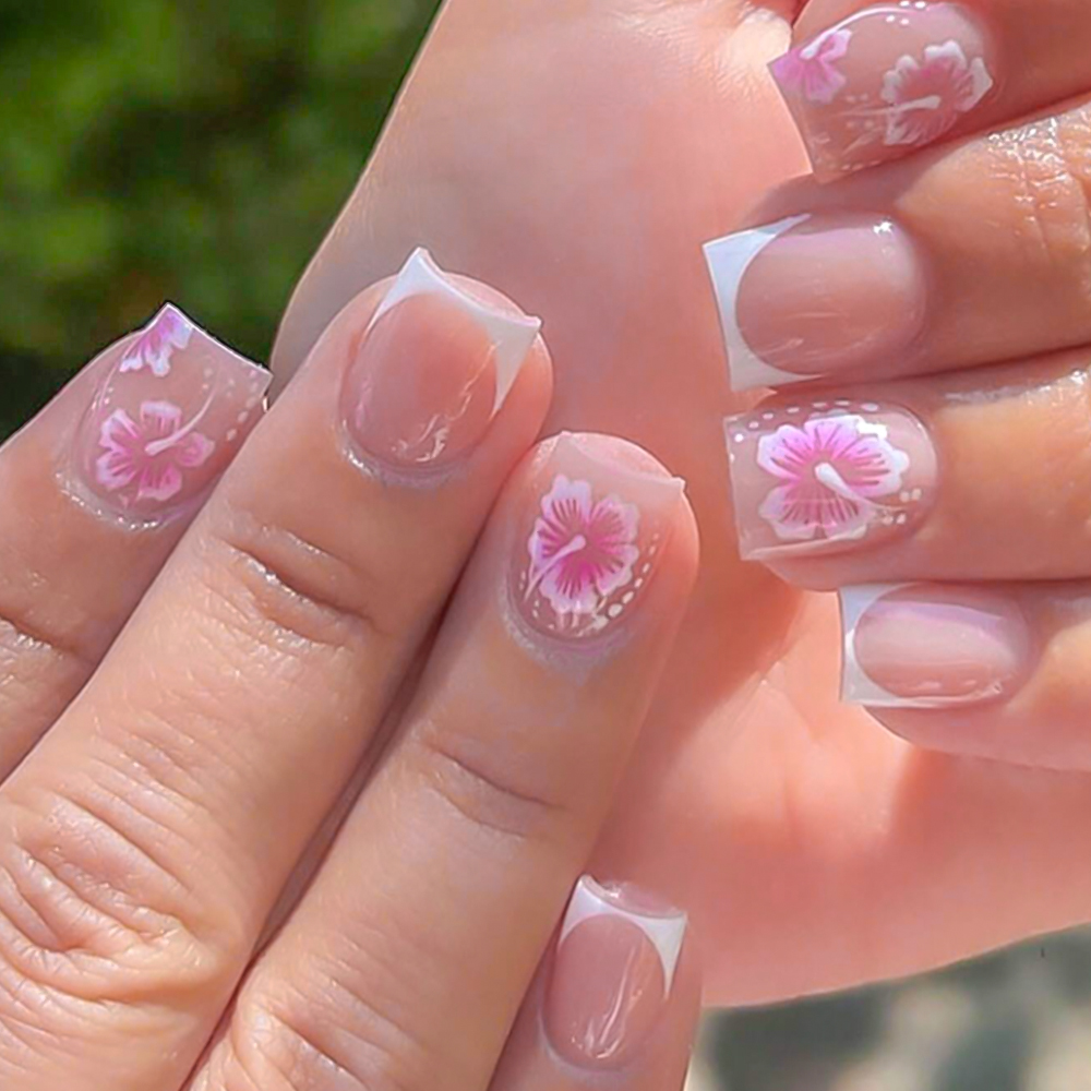 Pressed Flower Art - 24 Stuks Franse Bloem Kunstnagels Roze